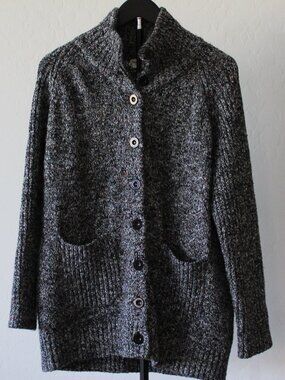 Chunky Knit Button Front Cardigan – Black Gray Marled Sweater – Size PL